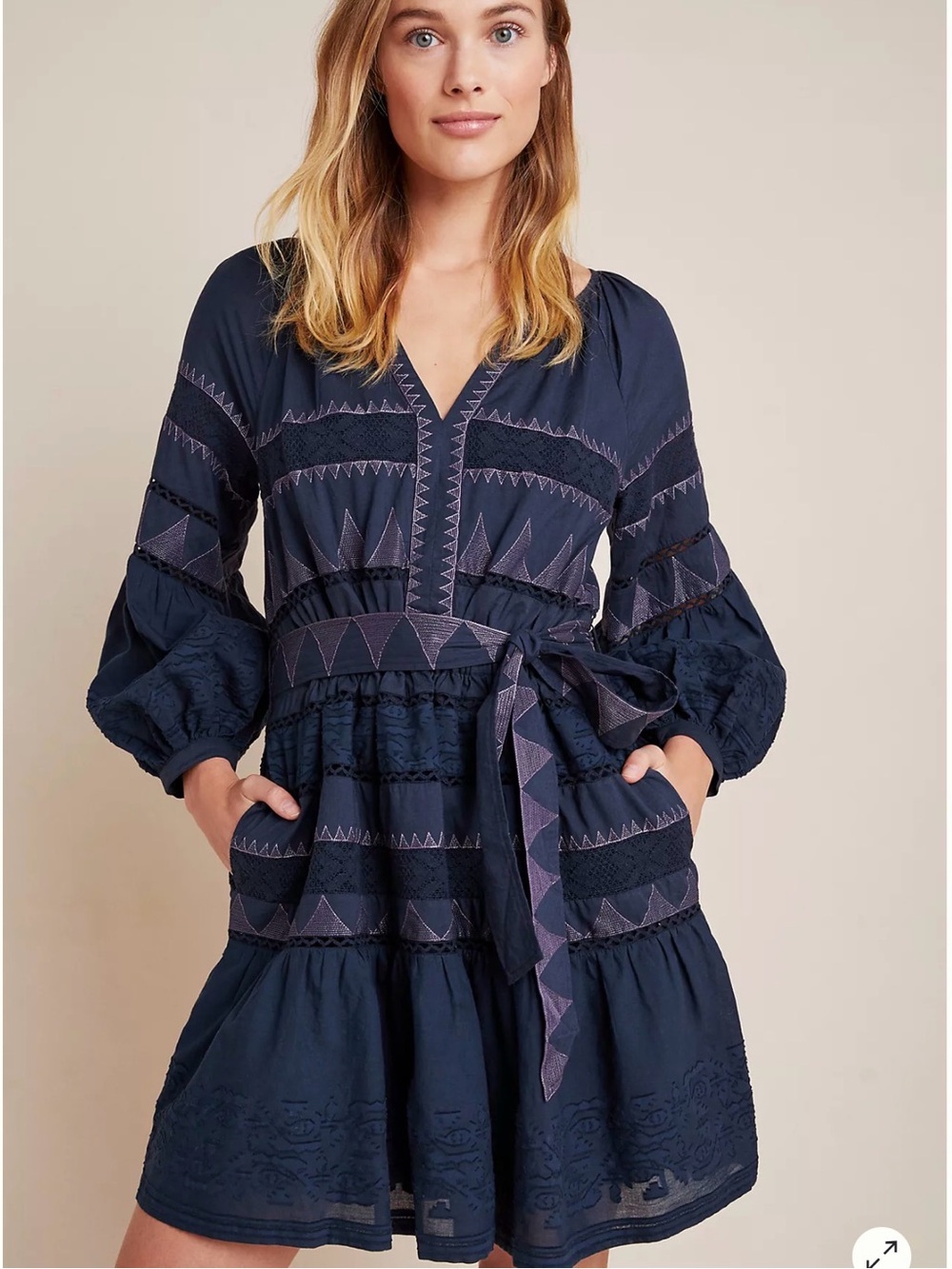 Anthropologie Navy Embroidered Boho Belted Mini Dress Size M